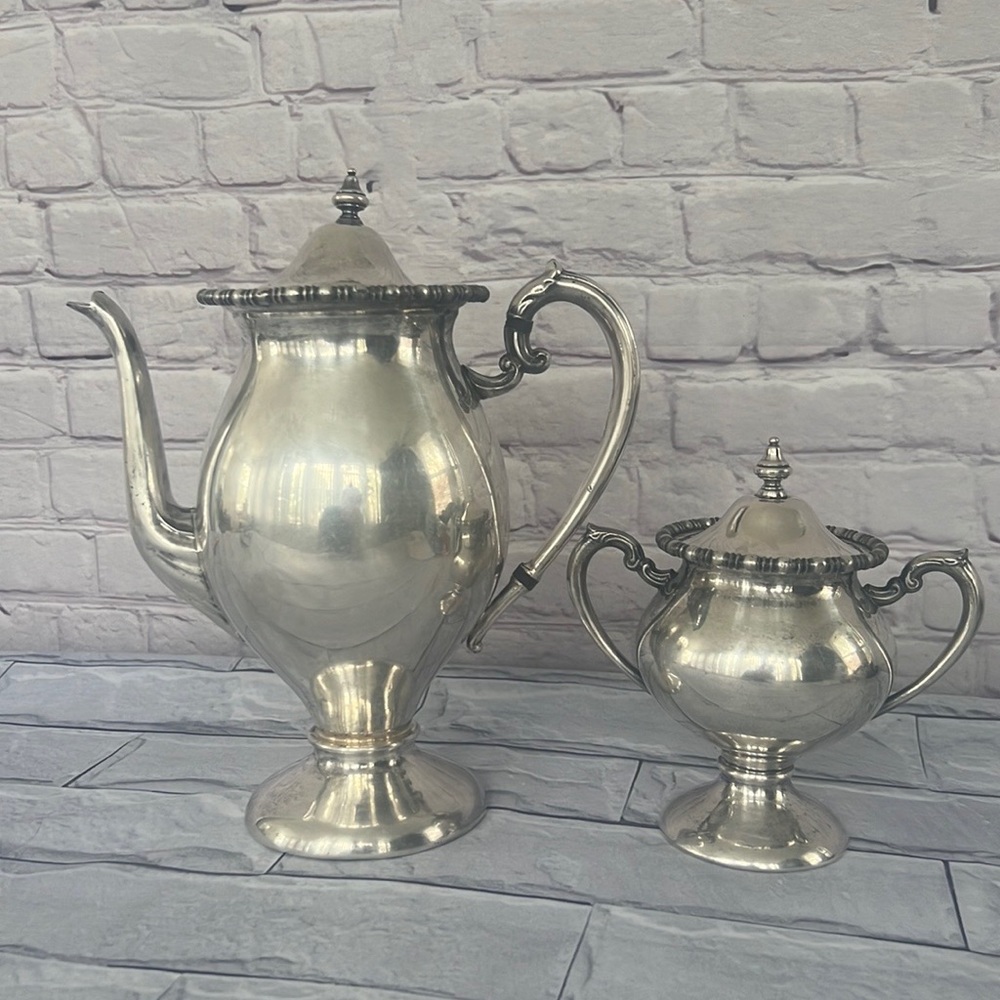 Antique silver on copper teapot 2 piece set